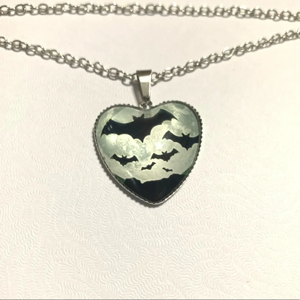 Dome Shape Heart Silver & Black Bat Necklace – Gothic Moon Glass Pendant